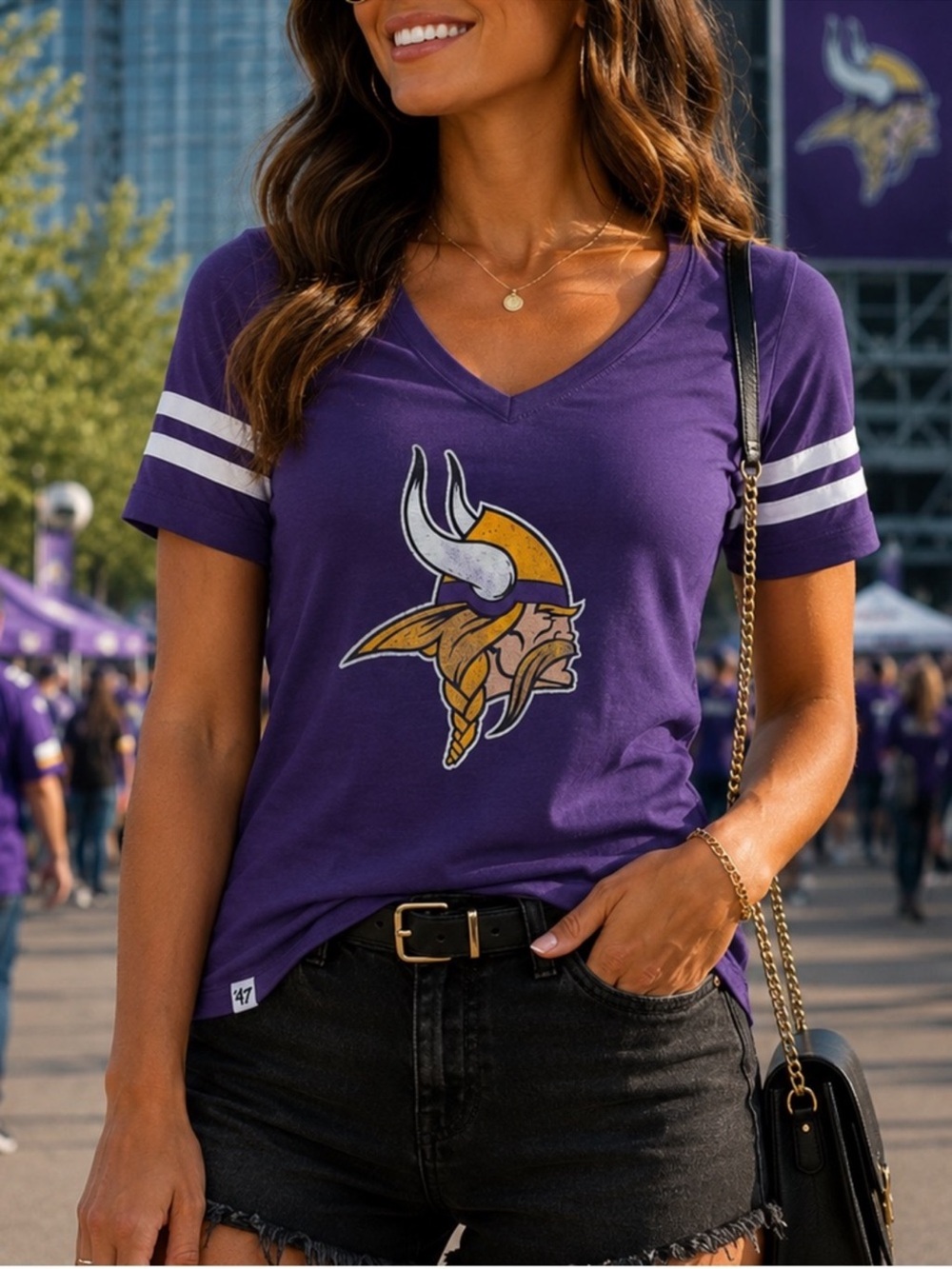 47 Women's Cotton Purple Minnesota Vikings V-Neck Team Stripes Graphic Tee